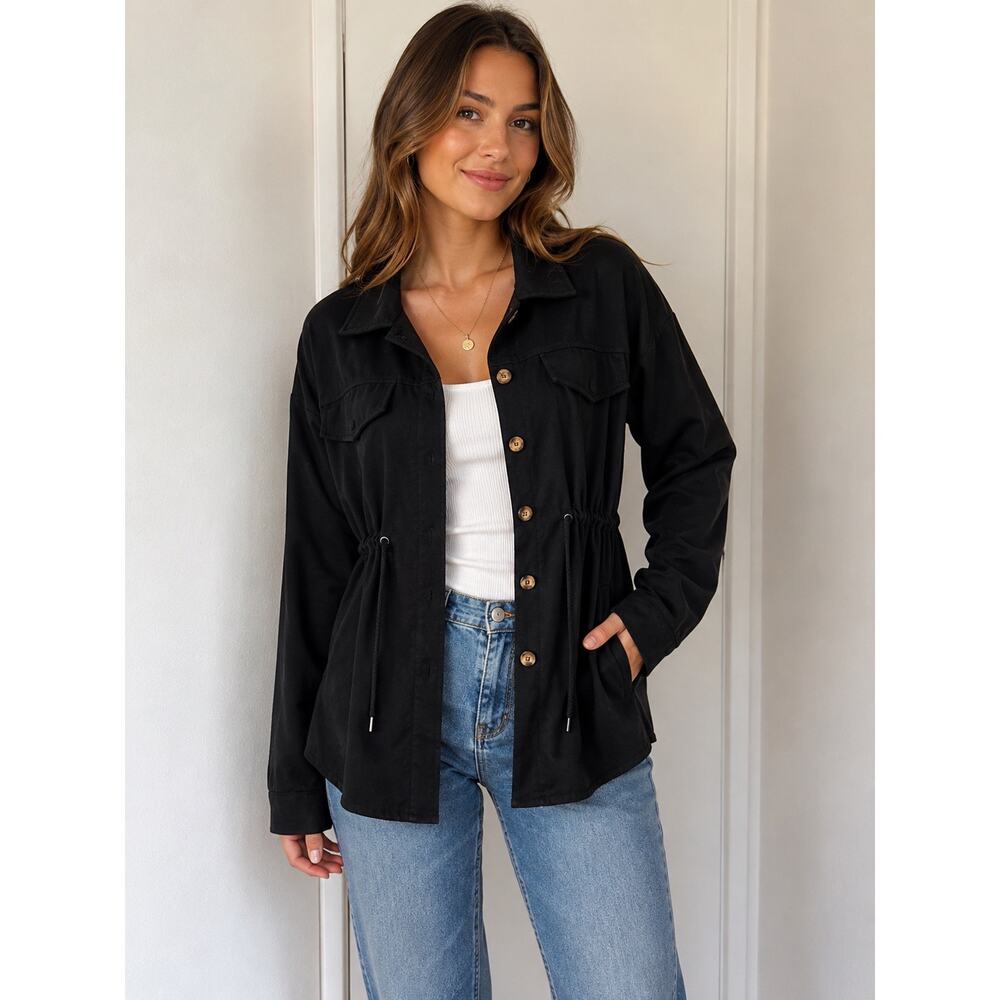 HYFVE Black Utility Shacket Jacket Size Large Drawstring Waist Oversized